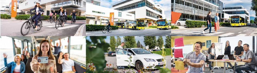 Banner, welcher die unterschiedlichen Aspekte des Mobilitätsmanagement der Julius Blum GmbH aufzeigt.